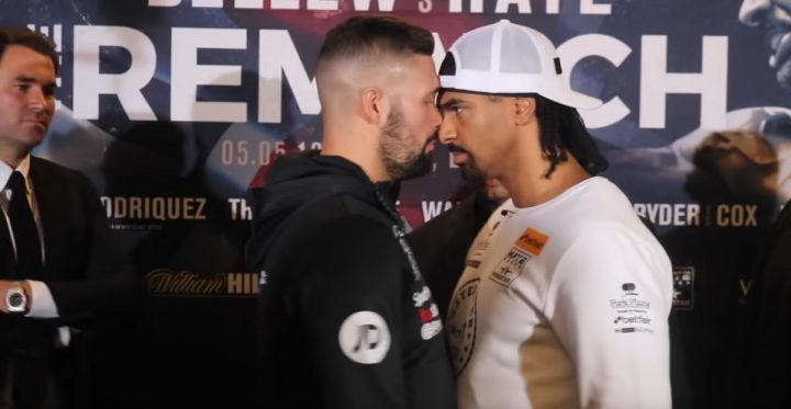 Image: Bellew shoves Haye during face off – is he losing it?