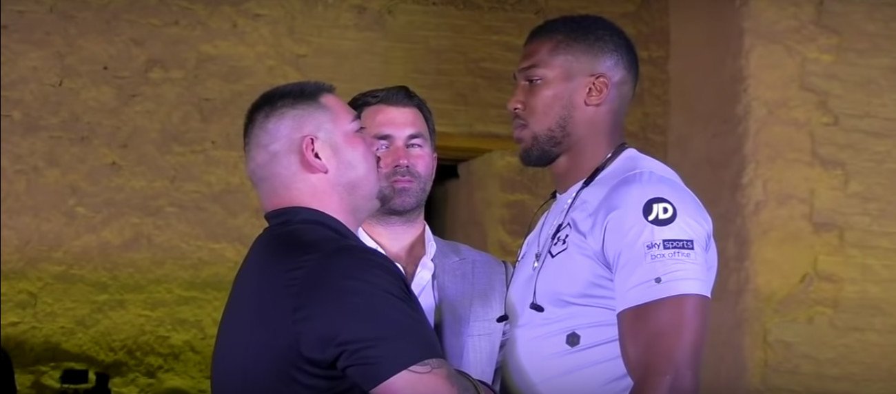 Image: Anthony Joshua tries to intimidate Andy Ruiz during face off in Saudi Arabia