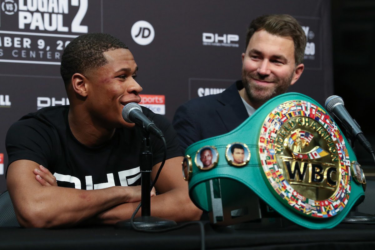 Image: Devin Haney reacts to Mayweather saying "too many belts"
