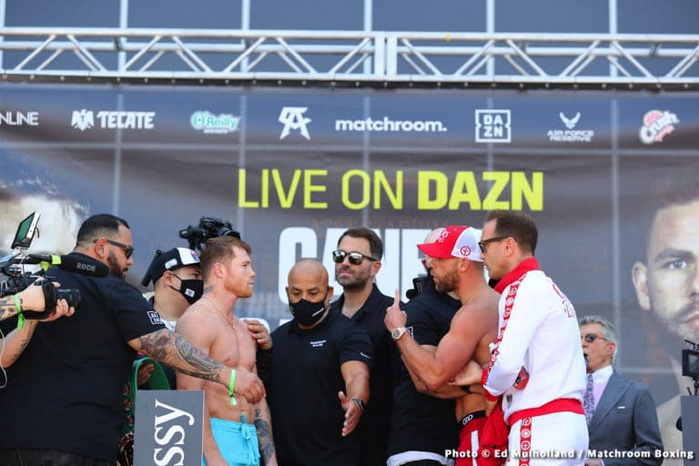 Image: Canelo Alvarez vs. Billy Joe Saunders intense face off at weigh-in