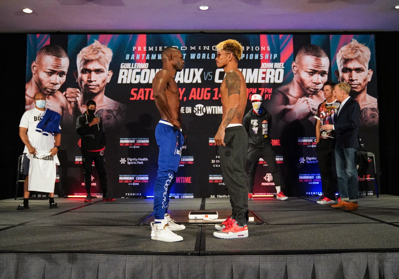 Image: Guillermo Rigondeaux takes John Riel Casimero's sunglasses at weigh-in