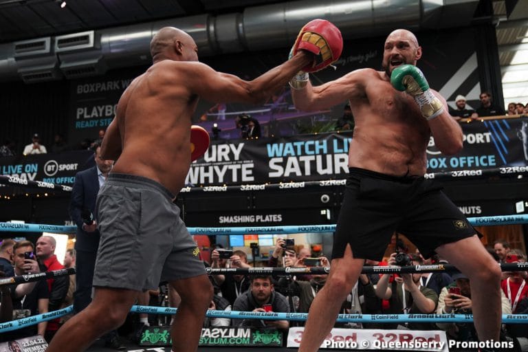 Image: Tyson Fury using southpaw stance during open workout