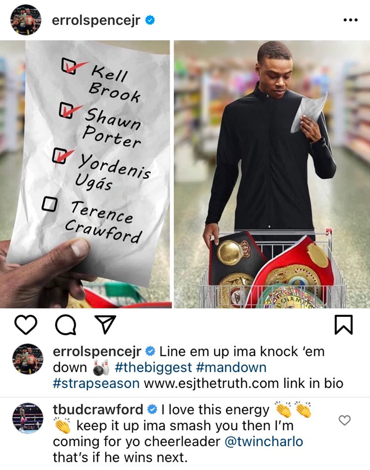 Image: Terence Crawford reacts to Errol Spence's Instagram post