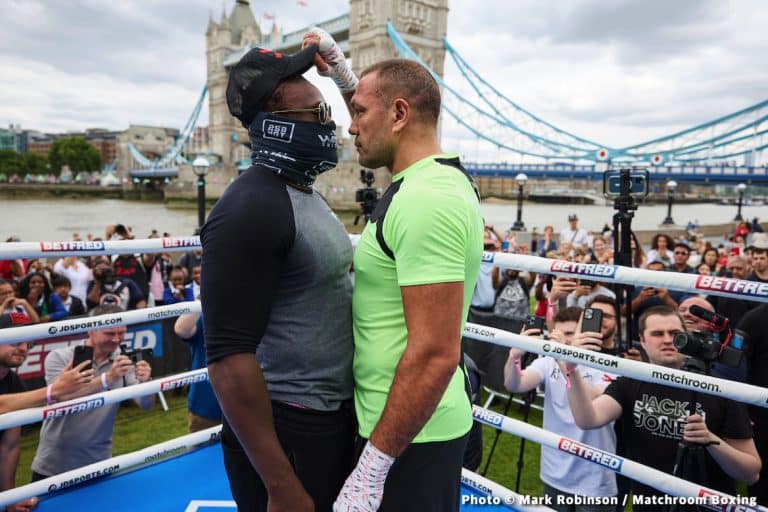 Image: Kubrat Pulev BULLYING Chisora, snatching his hat during face-off