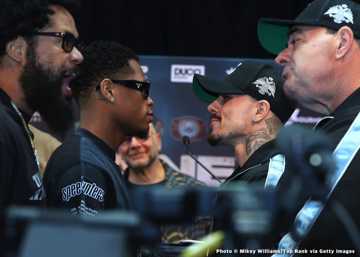 Image: Kambosos chewing gum, looking nervous during final press conference for Haney fight