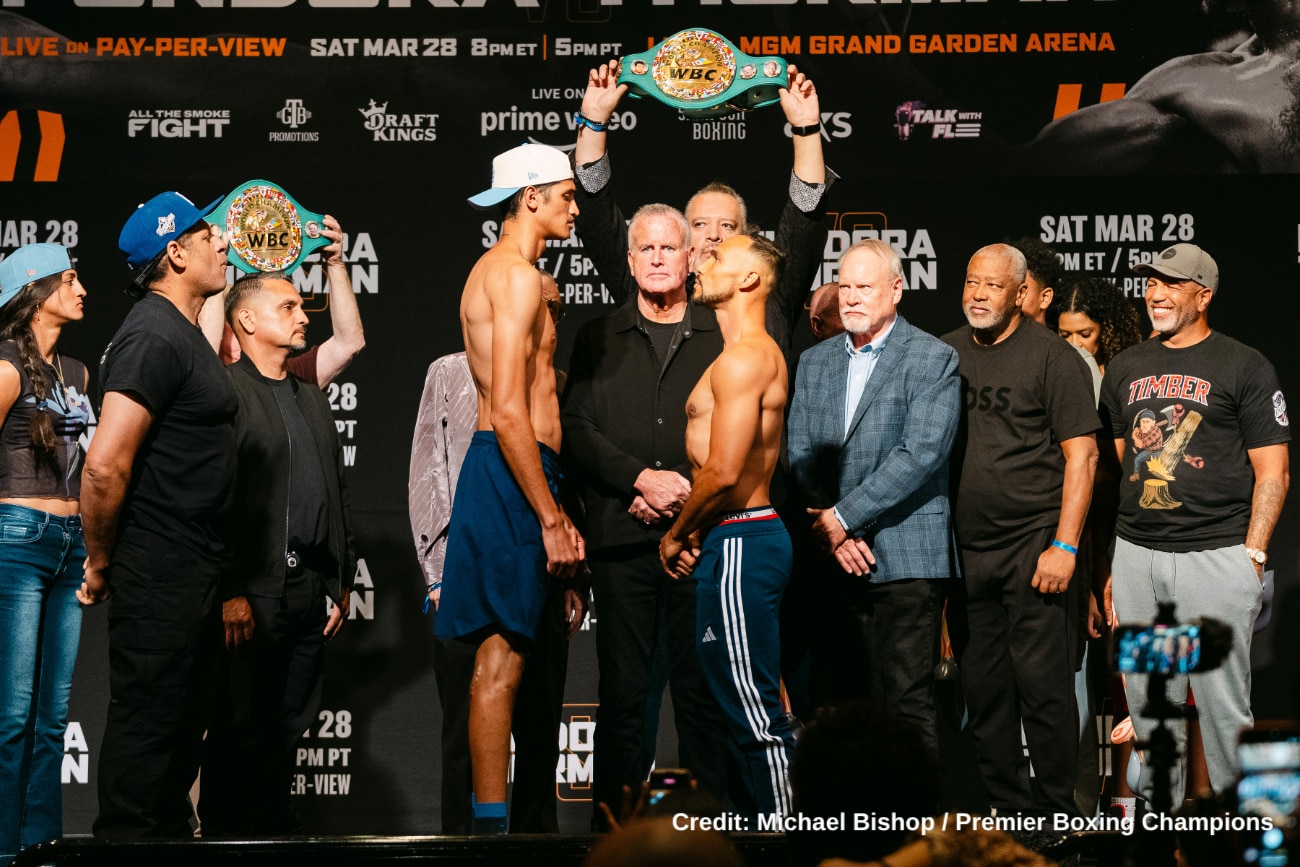 Sebastian Fundora and Keith Thurman face off at the weigh-in for their WBC junior middleweight title fight in Las Vegas.