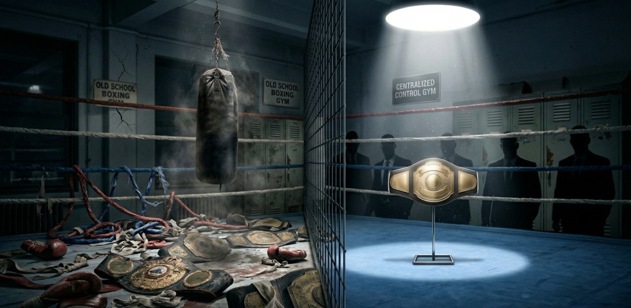 Split boxing gym with scattered championship belts on one side and a single belt under spotlight with shadowy figures behind it on the other.