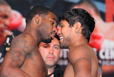 Image: Broner chokes Perez during stare-down on Friday's weigh-in